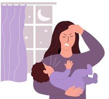 A mother with a child in her arms. The child cries, does not sleep at night, the woman has a headache, depression, it's hard for her. Difficulties in the family. Vector graphics.