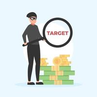 Cute flat illustration cartoon of thief hacker stealing data money for web sticker icon mascot logo vector