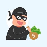 Cute flat illustration cartoon of thief hacker stealing data money for web sticker icon mascot logo vector
