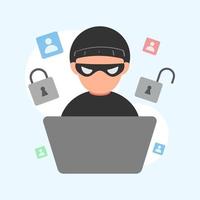 Cute flat illustration cartoon of thief hacker stealing data money for web sticker icon mascot logo vector