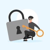 Cute flat illustration cartoon of thief hacker stealing data money for web sticker icon mascot logo vector