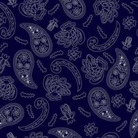 patrón impecable basado en un adorno con un estampado de bandana paisley, contorno blanco sobre un fondo azul oscuro, bufanda alrededor del cuello, estampado en tela, papel pintado vector