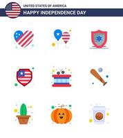 Happy Independence Day 4th July Set of 9 Flats American Pictograph of bat ball america flag sticks drum Editable USA Day Vector Design Elements