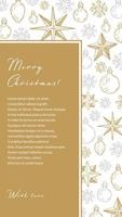 Merry Christmas and Happy New Year vertical greeting card with hand drawn golden five pointed stars and snowflakes. Vector illustration in sketch style. Social media stories template