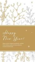 Merry Christmas and Happy New Year vertical greeting card with hand drawn golden botany elements. Vector illustration in sketch style. Festive background. Social media stories template