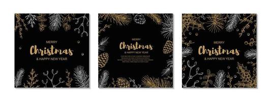 Merry Christmas and Happy New Year square designs with hand drawn golden evergreen branches and holly berries on black background. Vector illustration in sketch style