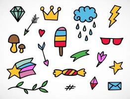 Colored whimsical doodles, vector graphics, plants and sweets, icons for your design