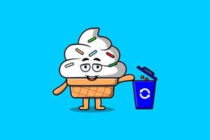 Cute cartoon Ice cream throwing trash in the trash vector