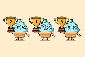 conjunto de lindo helado de dibujos animados con trofeo vector