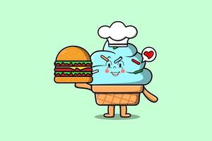 personaje de dibujos animados lindo chef de helados mantenga hamburguesa vector