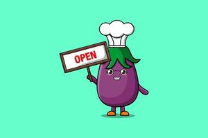 Cute cartoon Eggplant holding open sign board vector