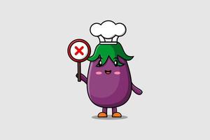 cute cartoon Eggplant chef hold wrong sign board vector