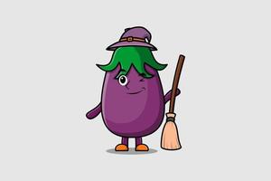 Cute cartoon witch shaped Eggplant with broomstick vector