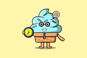 Cute cartoon Ice cream character holding clock vector