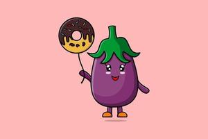 berenjena de dibujos animados lindo flotando con donuts vector