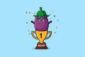 Cute cartoon Eggplant character in trophy vector