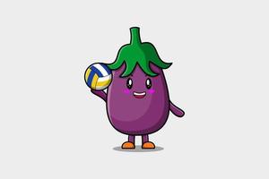 Cute cartoon Eggplant character playing volleyball vector
