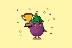 Cute Cartoon of Eggplant is holding golden trophy vector