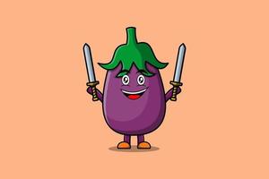 Cute cartoon Eggplant character holding two sword vector