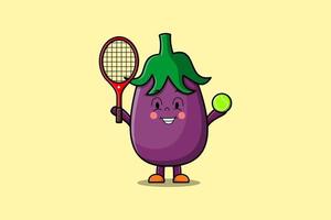 personaje de berenjena de dibujos animados lindo jugar campo de tenis vector