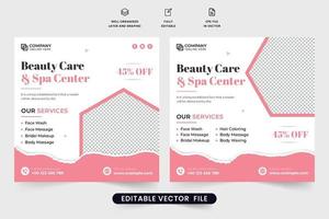 Modern spa center social media promotion template vector with pink and dark colors. Beauty care business advertisement poster design with abstract shapes. Salon and spa center web banner for marketing