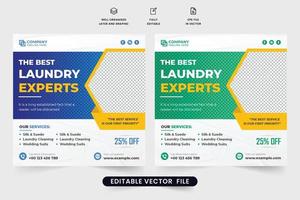 Best cloth washing service advertisement template vector with discount offer. Laundry business social media post template for marketing. Laundry and dry cleaning service promotional poster design.