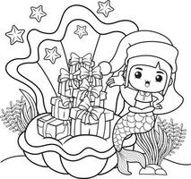 Christmas coloring book with cute mermaid girl vector