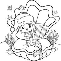 Christmas coloring book with cute mermaid girl vector