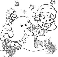 Christmas coloring book with cute mermaid girl vector