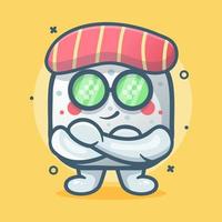 linda mascota de personaje de comida de sushi con dibujos animados aislados de expresión genial en diseño de estilo plano vector