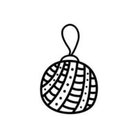 Christmas ball doodle isolated. Christmas tree decoration element, christmas ball with stripes and polka dots. Black lines on white background. Cute hand drawn vector illustration.