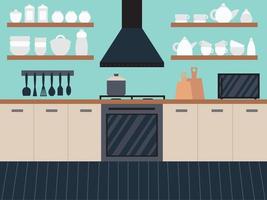 Kitchen interior flat style with range hood and cooker. Vector flat kitchen interior with cooking tools