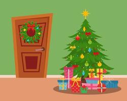 Interior. Door with a Christmas wreath and a Christmas tree with gifts. Vector illustration.