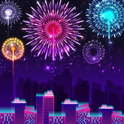 Colorful Firework with Night City View