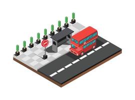 composición de transporte isométrica con autobús cerca de la parada en la ilustración de vector 3d de fondo azul. adecuado para diagramas, infografías y otros recursos gráficos