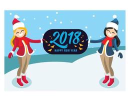 ilustración vector montaña nevada con amigos feliz año nuevo 2018. adecuado para diagramas, infografías y otros activos gráficos
