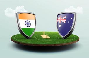 india vs australia banderas de cricket con escudo en el estadio de cricket ilustración 3d foto