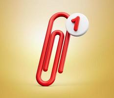 Red paper clip with 1 notification icon isolated background 3d illustration photo