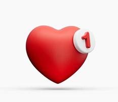 Button 1 like heart icon, social notification symbol, with red color and isolated on white background 3d illustration photo