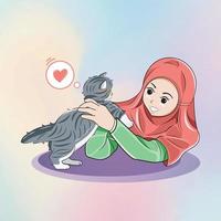 A little hijab smiling girl playing lovely kitten vector illustration pro download