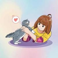 A little smiling girl playing lovely kitten vector illustration free download