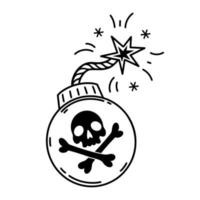 Bomb vector icon. A round metal grenade with a burning wick, with a skull and crossbones sign. Black outline isolated on white. Dangerous explosive weapon. Simple silhouette. Clipart for logo, apps