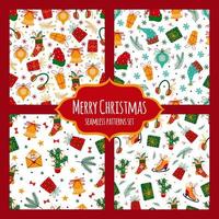 Merry Christmas and happy New Year seamless vector patterns set. Holiday symbols - gifts, jingle bells, snowflakes, spruce branches, Santa Claus hat. Flat cartoon background for wallpaper, prints, web