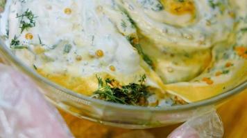 Such a tender potato salad with mastard, mayonnaise, red onion and dill. Wath the recipe in video