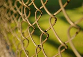 Closeup of a rabitz fence curved wire ends. The texture of the metal mesh. Soft focus. Green grass behind Rabitz wire mesh. photo