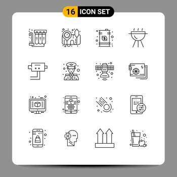 conjunto de esquema de interfaz móvil de 16 pictogramas de datos de cámara de seguridad cocinar barbacoa elementos de diseño vectorial editables vector