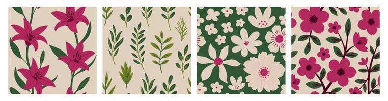 patrón estético contemporáneo imprimible sin costuras con diseño de impresión botánica de primavera. manzanilla decorativa, flores y hojas. fondo boho pastel en estilo minimalista de mediados de siglo para tela vector