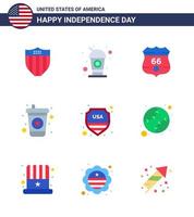 Set of 9 Modern Flats pack on USA Independence Day sign security american soda beverage Editable USA Day Vector Design Elements