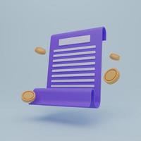 Ilustración de renderizado en 3d icono de pago de recibo de factura financiera en papel mínimo de dibujos animados. planificación y organización del trabajo. factura digital y cheque de pago. billetes de papel monedas y billetes. foto