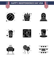Group of 9 Solid Glyphs Set for Independence day of United States of America such as map american grave soda cola Editable USA Day Vector Design Elements